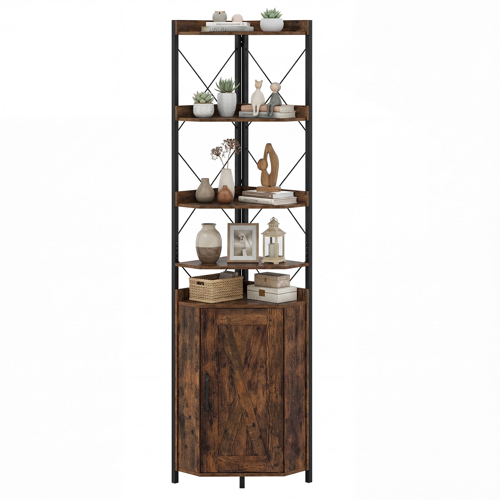 6-Tier Corner Storage Shelf with Door and Raised Edge Protection-Rustic Brown