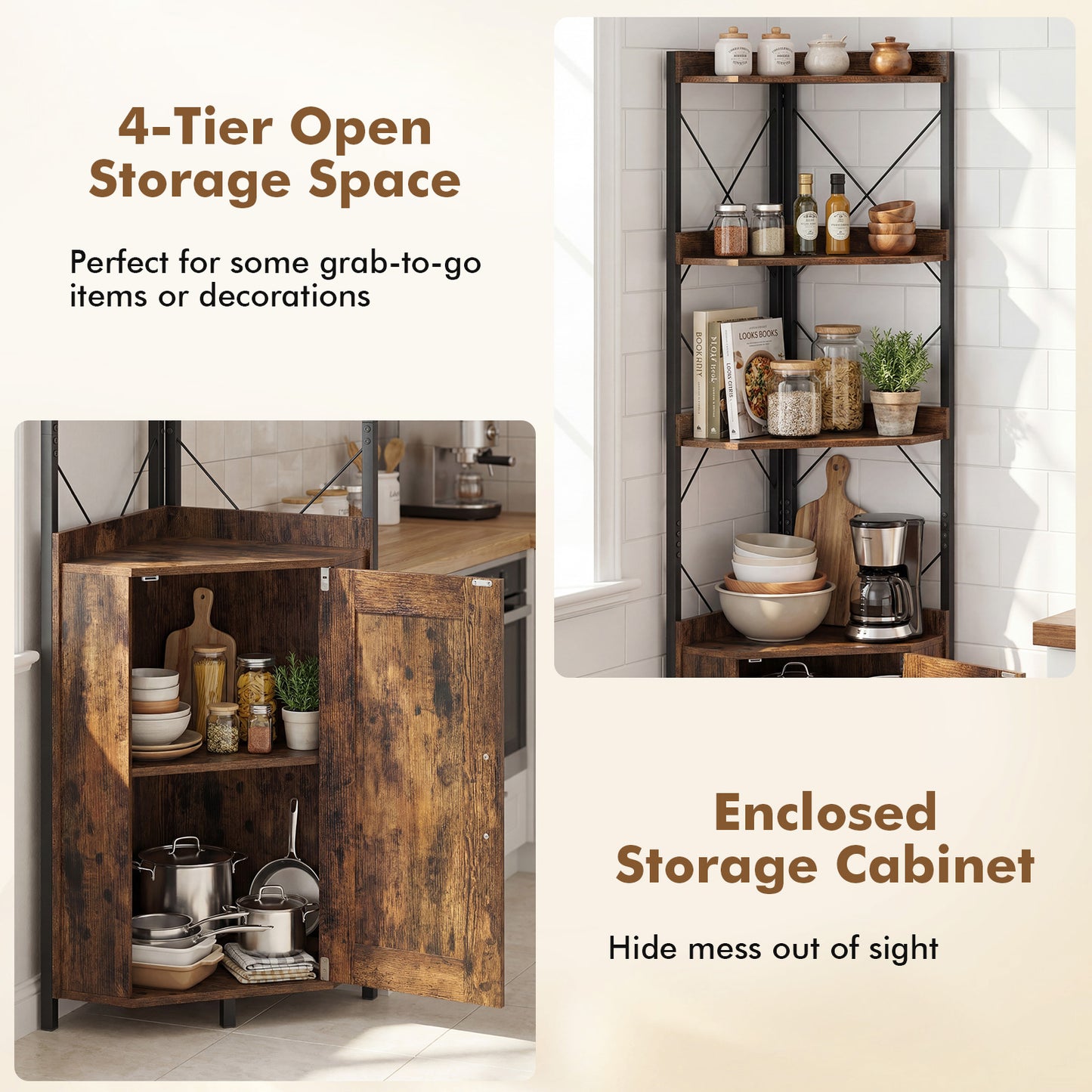 6-Tier Corner Storage Shelf with Door and Raised Edge Protection-Rustic Brown