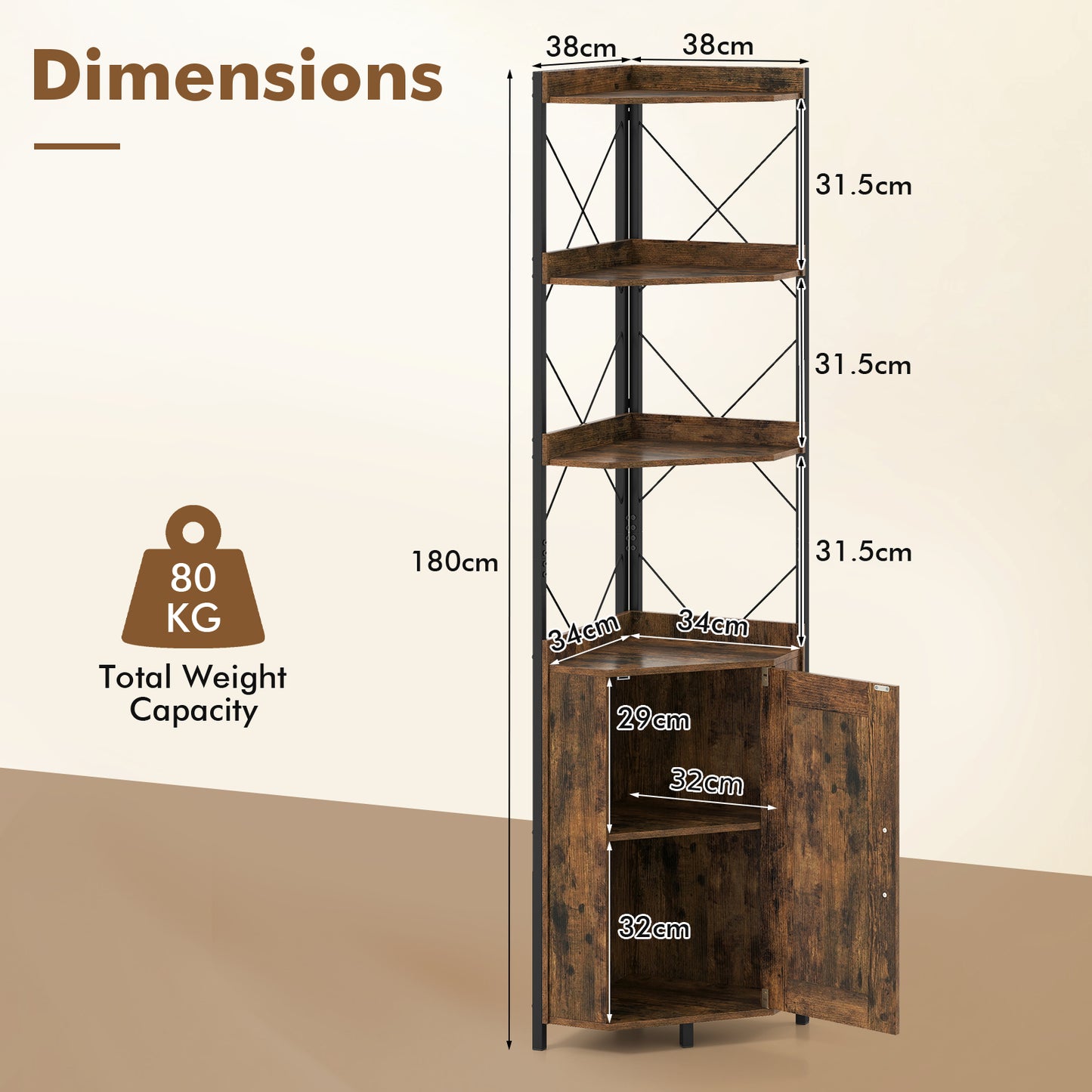 6-Tier Corner Storage Shelf with Door and Raised Edge Protection-Rustic Brown