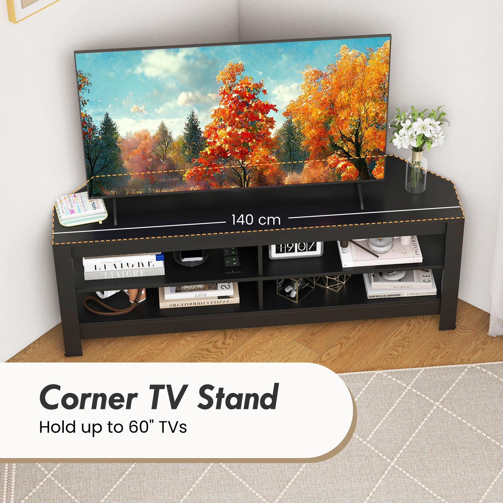 Corner TV Stand with Power Outlet and 4 Open Storage Shelves-Black