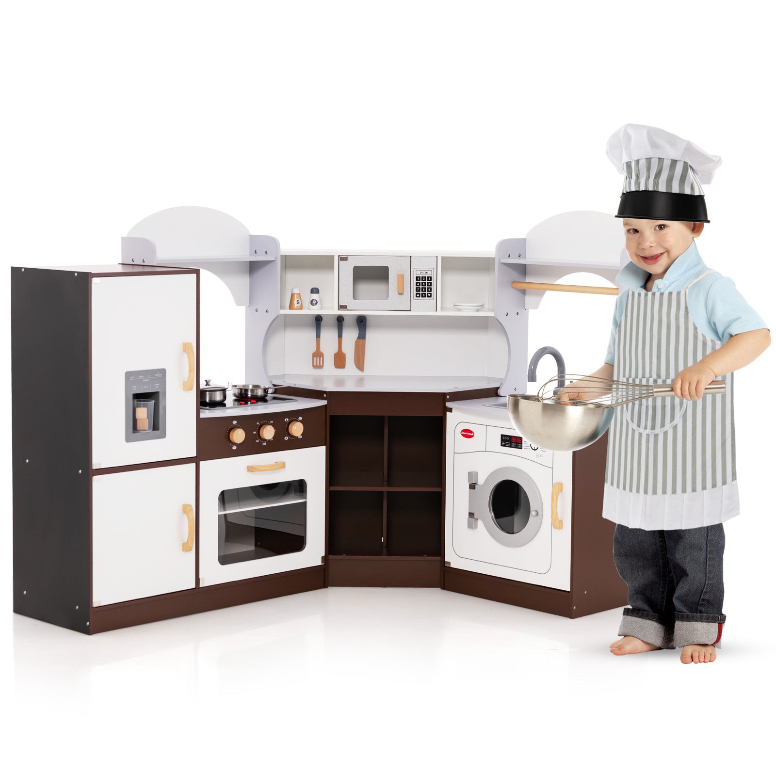 Corner Wooden Play Kitchen with Lights and Sounds for Toddlers
