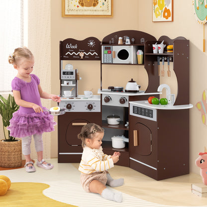 Kids Corner Wooden Play Kitchen with Coffee Machine Slide Microwave-Brown