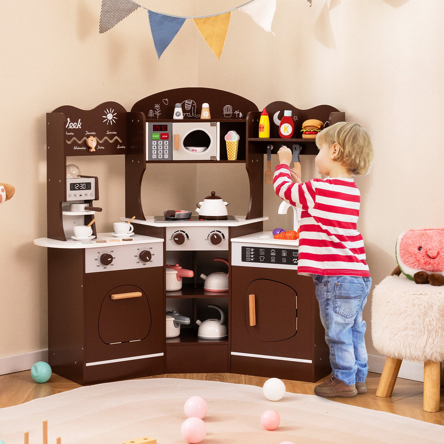 Kids Corner Wooden Play Kitchen with Coffee Machine Slide Microwave-Brown