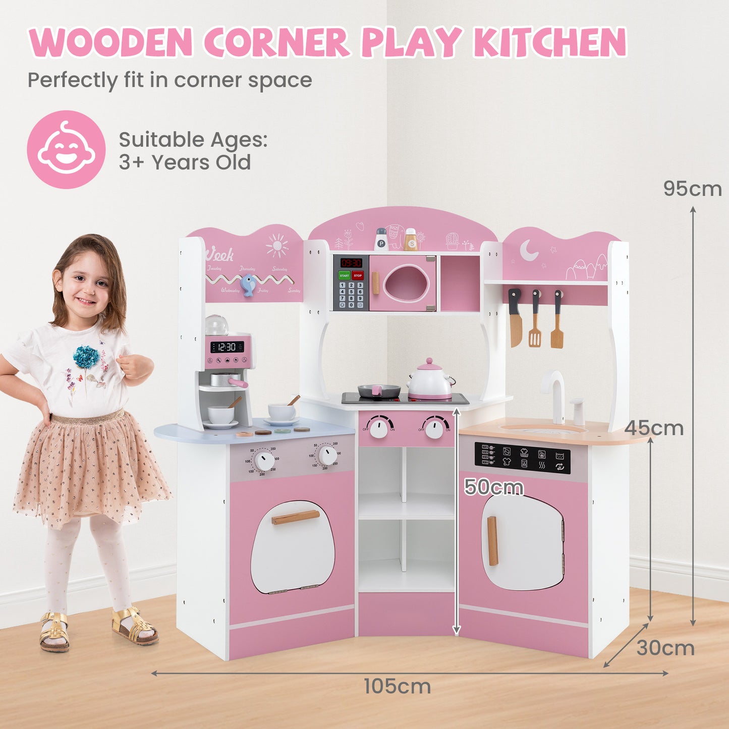 Kids Corner Wooden Play Kitchen with Coffee Machine Slide Microwave-Pink