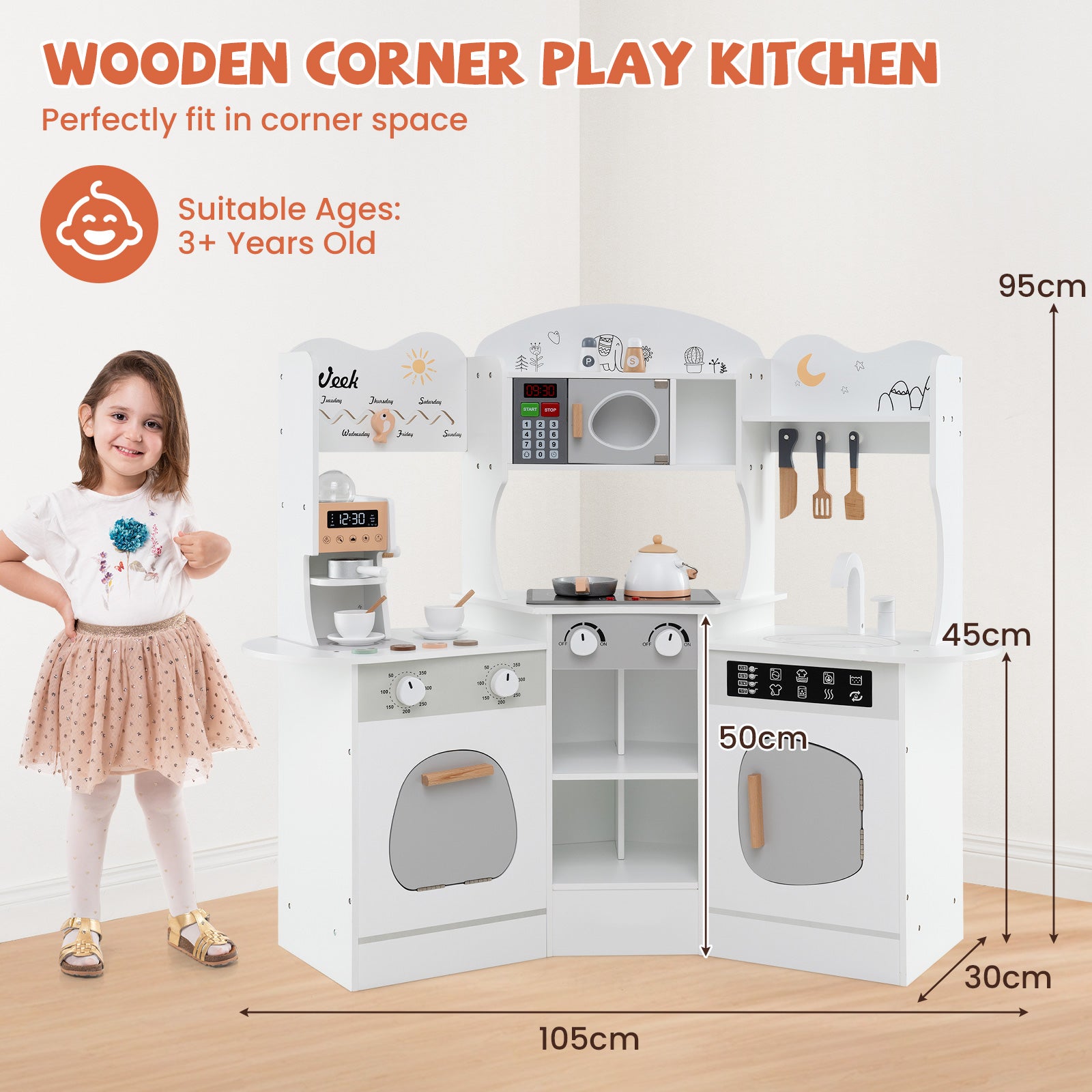 Kids Corner Wooden Play Kitchen with Coffee Machine Slide Microwave-White