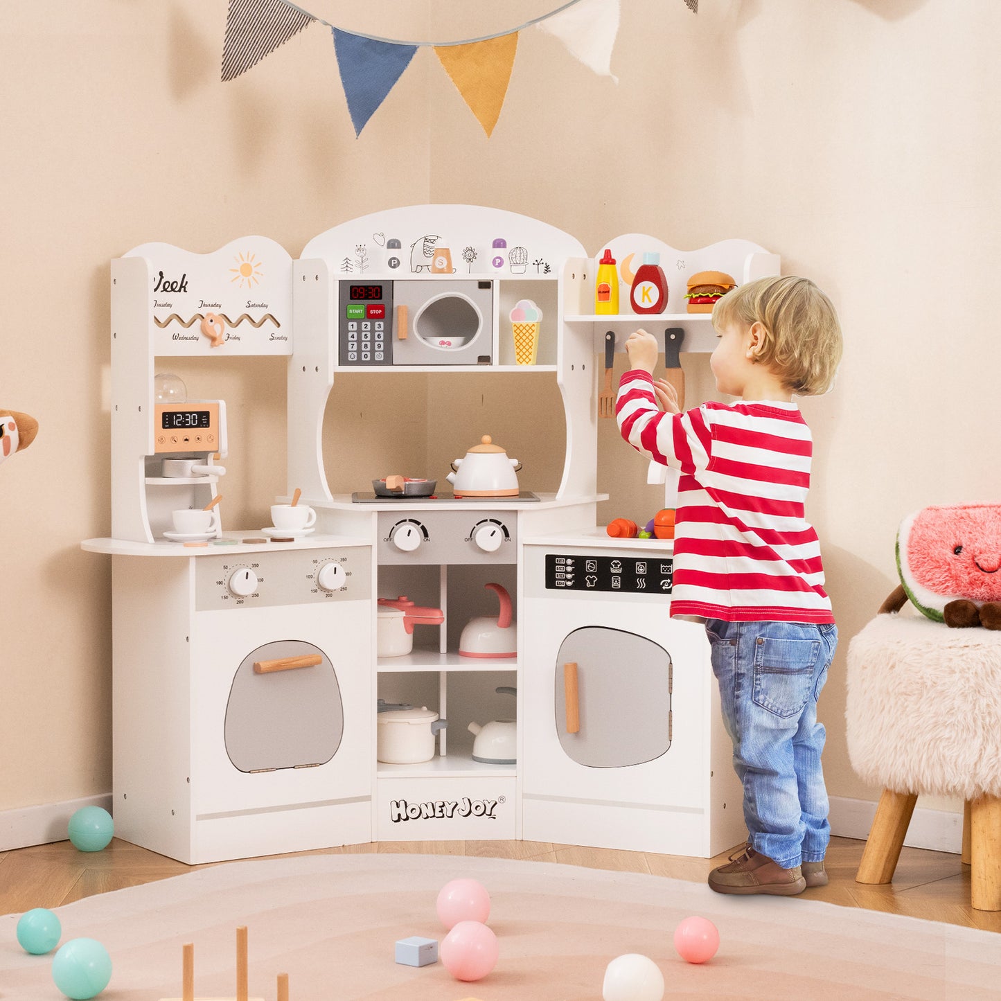 Kids Corner Wooden Play Kitchen with Coffee Machine Slide Microwave-White
