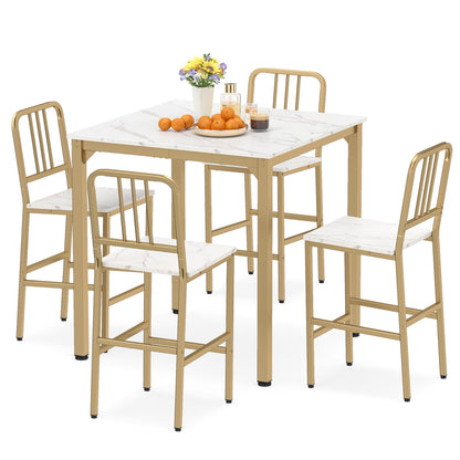 Counter Height Dining Table Set for 4 Kitchen Bar Table and Chairs Set with Faux Marble Surface-White
