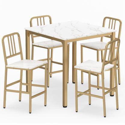 Counter Height Dining Table Set for 4 Kitchen Bar Table and Chairs Set with Faux Marble Surface-White
