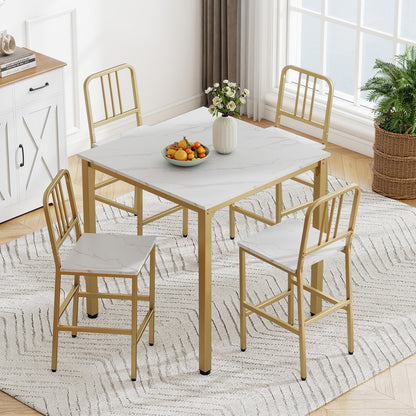 Counter Height Dining Table Set for 4 Kitchen Bar Table and Chairs Set with Faux Marble Surface-White