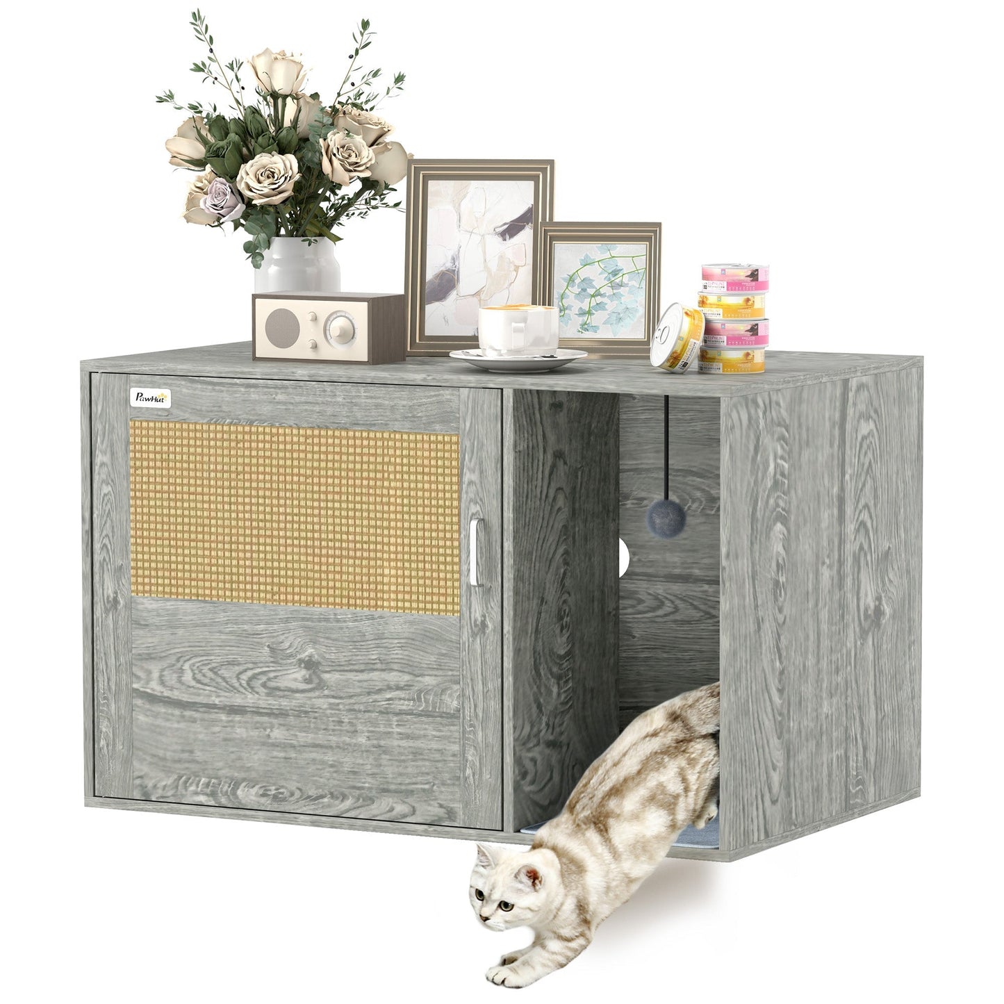PawHut Cat Litter Box Enclosure with Rattan Door, Scratching Mat, Toy Ball, Non-Slip Foot Pads, Grey