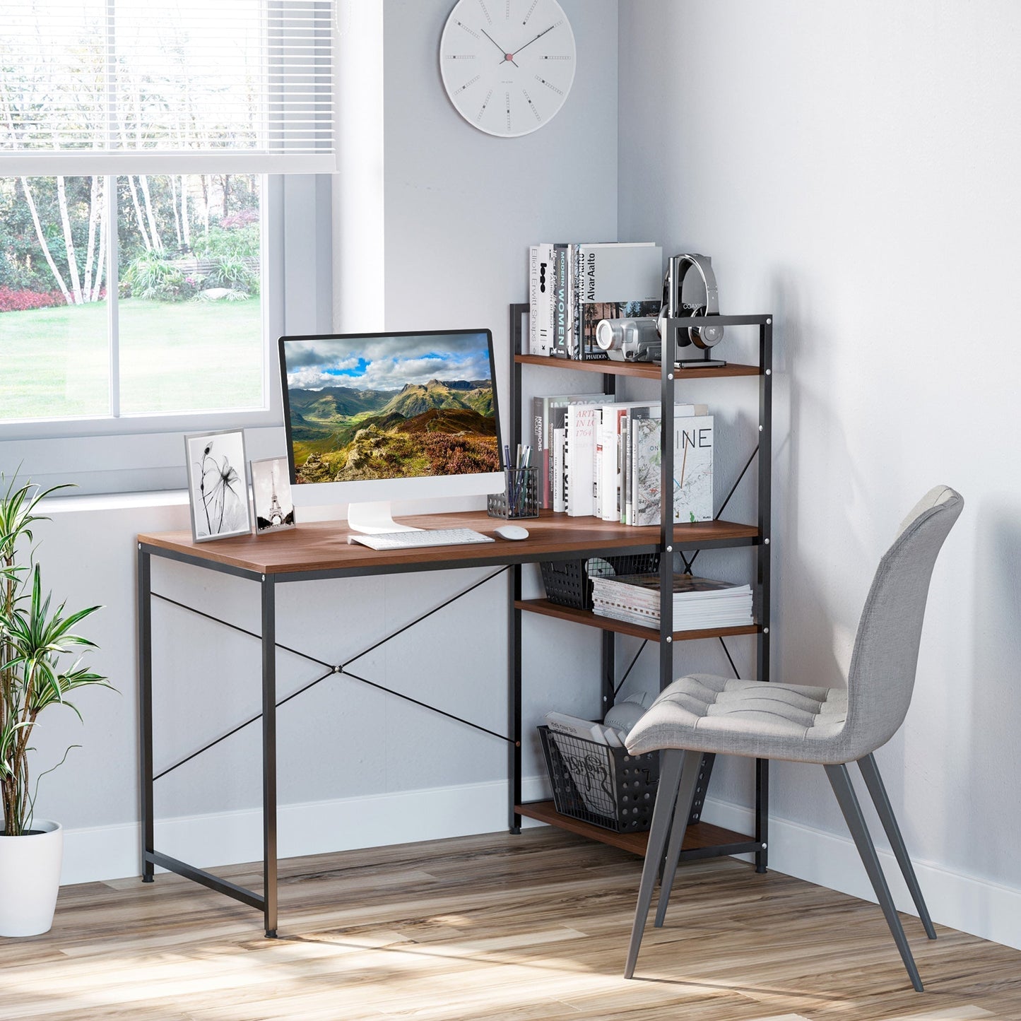 HOMCOM Computer Desk with Storage Shelves on Left or Right, Industrial Reversible Writing Desk for Home Office, Study, Easy Assembly, 120 x 64 x 121cm, Walnut and Black