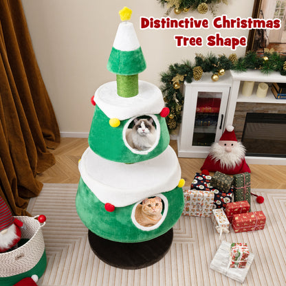 Cute Cat Tower Christmas Cat Tree for Indoor Cats with 2 Condos-Green