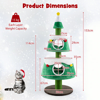 Cute Cat Tower Christmas Cat Tree for Indoor Cats with 2 Condos-Green