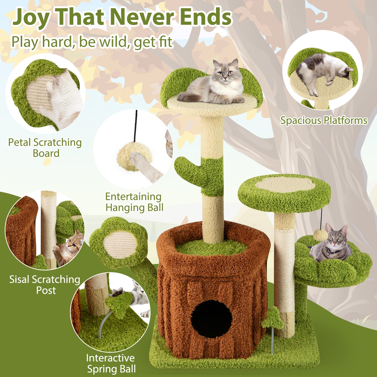 Cute Cat Tree for Adult Cats Indoor Pet Jungle Activity Center-Green