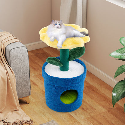 Cute Cat Tree for Indoor Cats with Flower Padded Perch and Planter Condo-Yellow