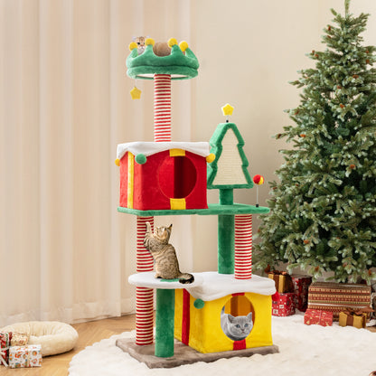 Cute Christmas Cat Tree Large Cat Tower with Sisal Scratching Posts and Carpe-Multicolor