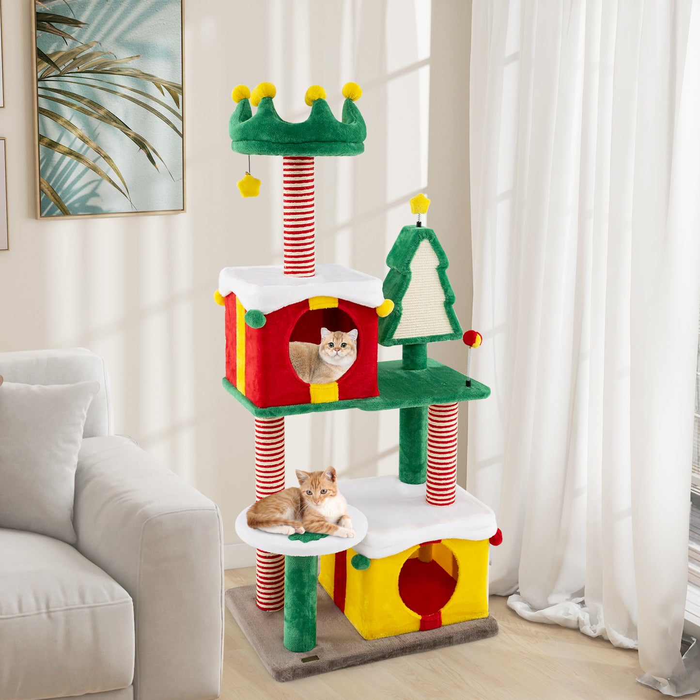 Cute Christmas Cat Tree Large Cat Tower with Sisal Scratching Posts and Carpe-Multicolor