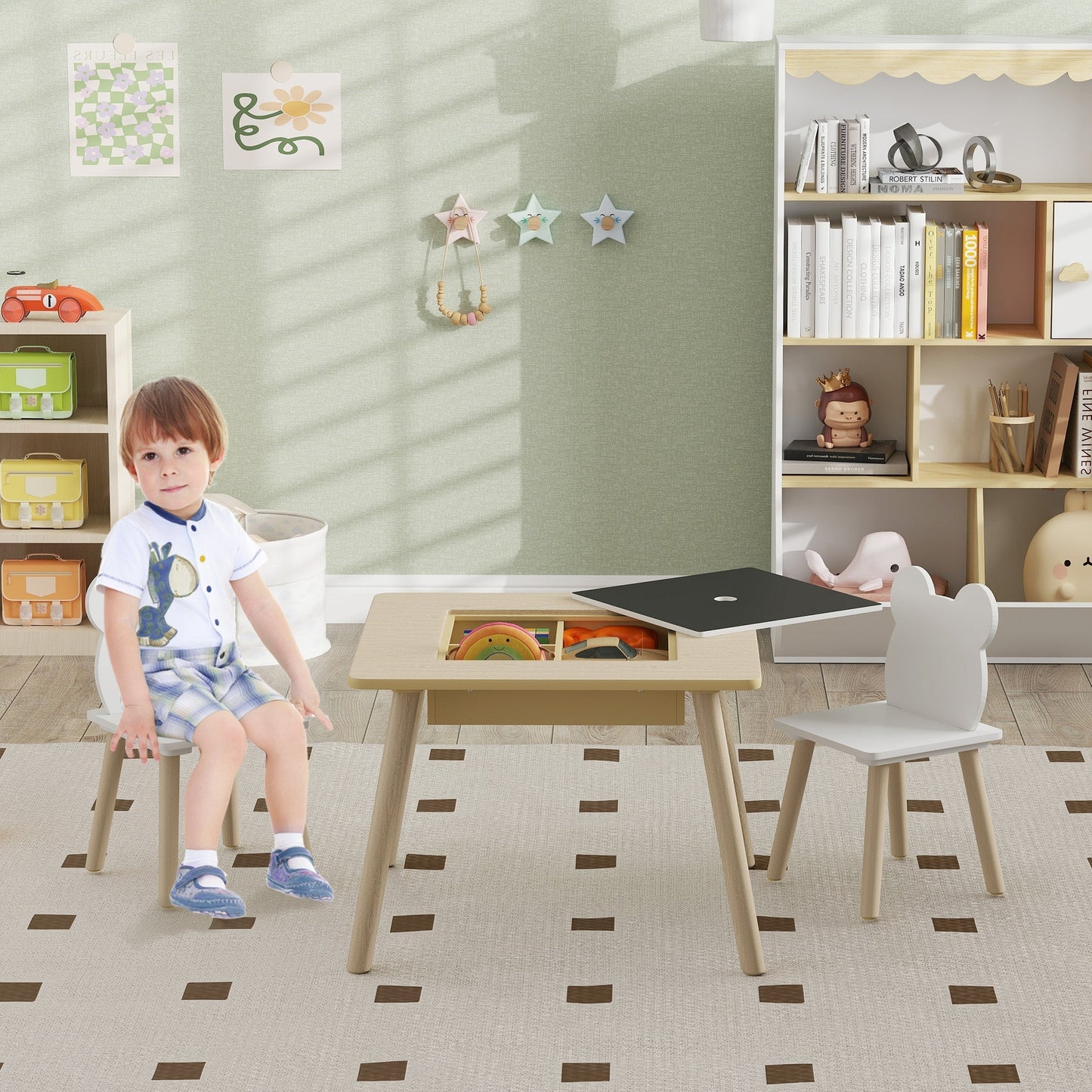 AIYAPLAY 3-Piece Kids Table and Chairs Set with Convertible Desk and Storage Grid, Kids Activity Table for Nursery, Playroom