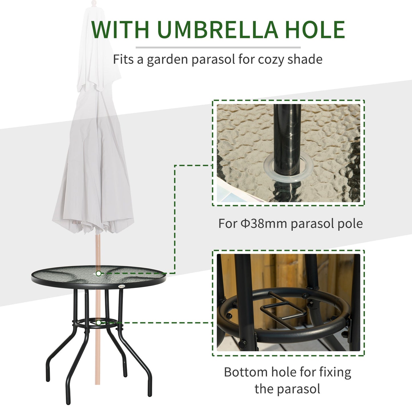 Outsunny Outdoor √è‚Ä†80cm Round Dining Table Tempered Glass Top Steel Frame Bistro Coffee End Side Table Garden w/ Parasol Hole