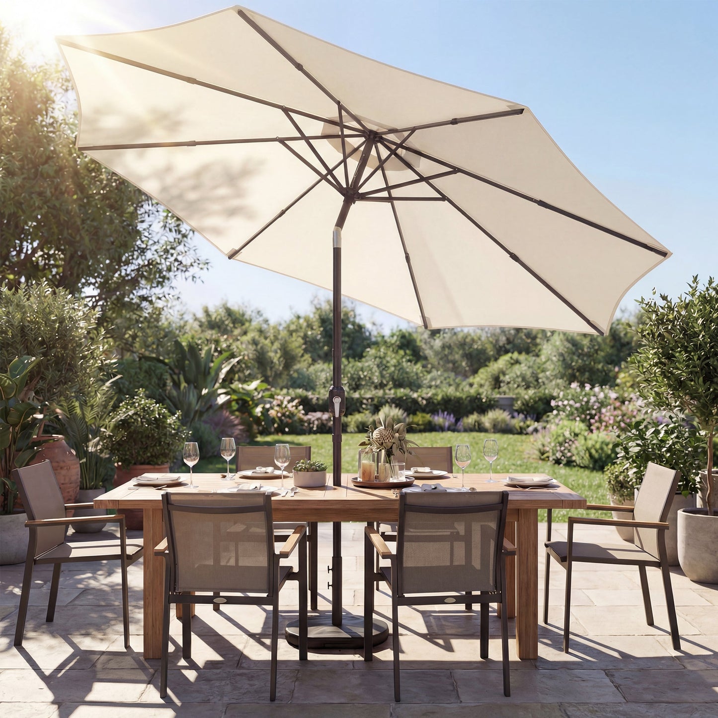 Outsunny 2.7 m Garden Parasol Umbrella with Cross Base and Sandbag, Retractable Ribs, Outdoor Table Market Umbrella, Cream White