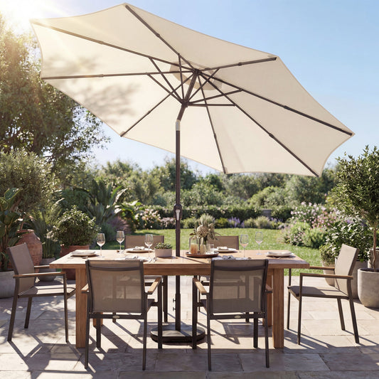 Outsunny 2.7 m Garden Parasol Umbrella with Cross Base and Sandbag, Retractable Ribs, Outdoor Table Market Umbrella, Cream White
