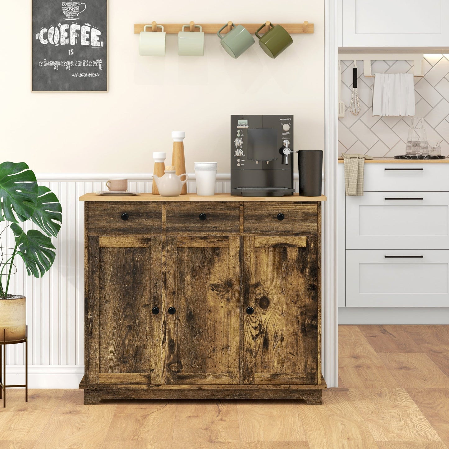 HOMCOM Sideboard with Rubberwood Top and Adjustable Shelves for Dining Room, Kitchen - Rustic Brown