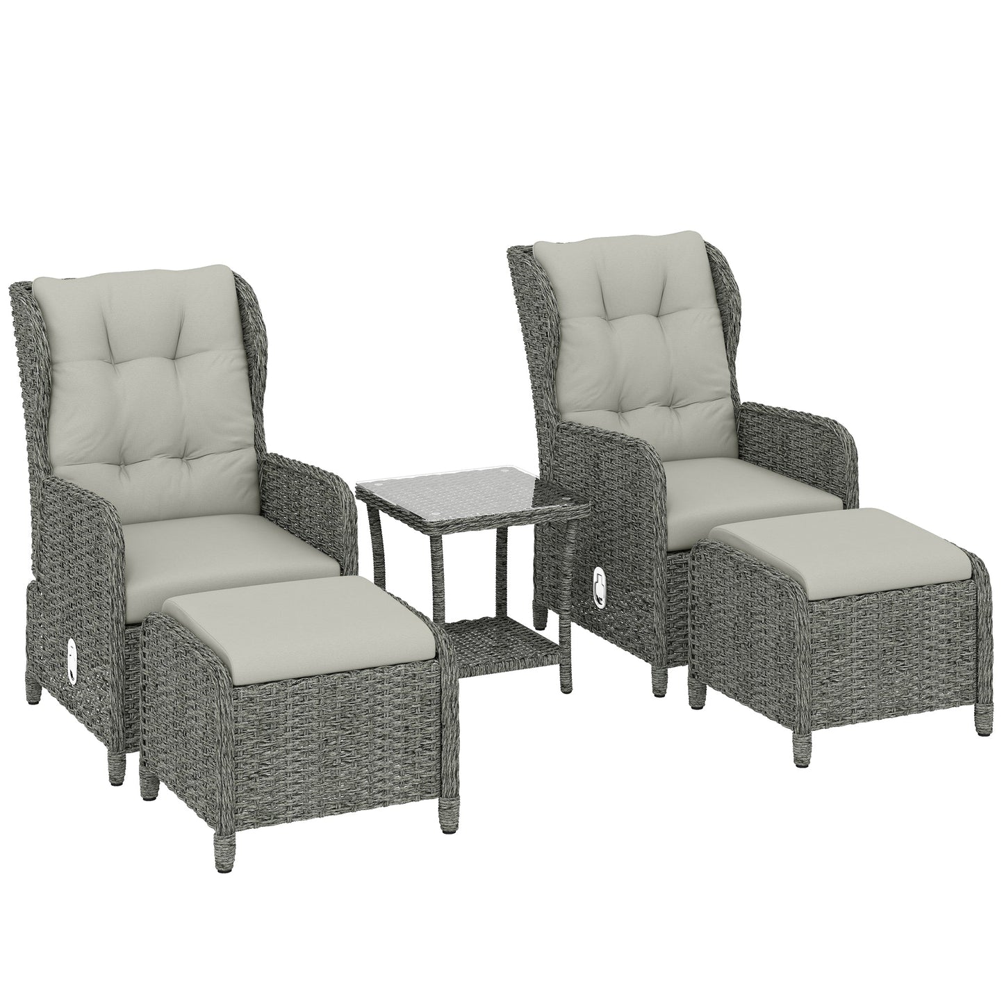 Outsunny 5 Piece Garden Furniture Set, Rattan Reclining Garden Chair Set of 2 with Footstool and Cushion for Balcony, Cream