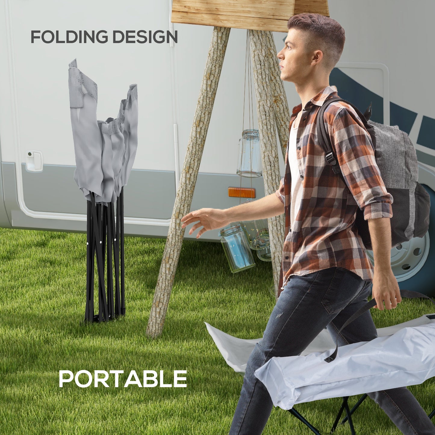 Outsunny Camping Bed for Adults, Single Folding Camp Bed, Portable Camping Cot with Side Pocket, Headrest and Oxford Seat for Outdoor, Travel, Fishing, Light Grey