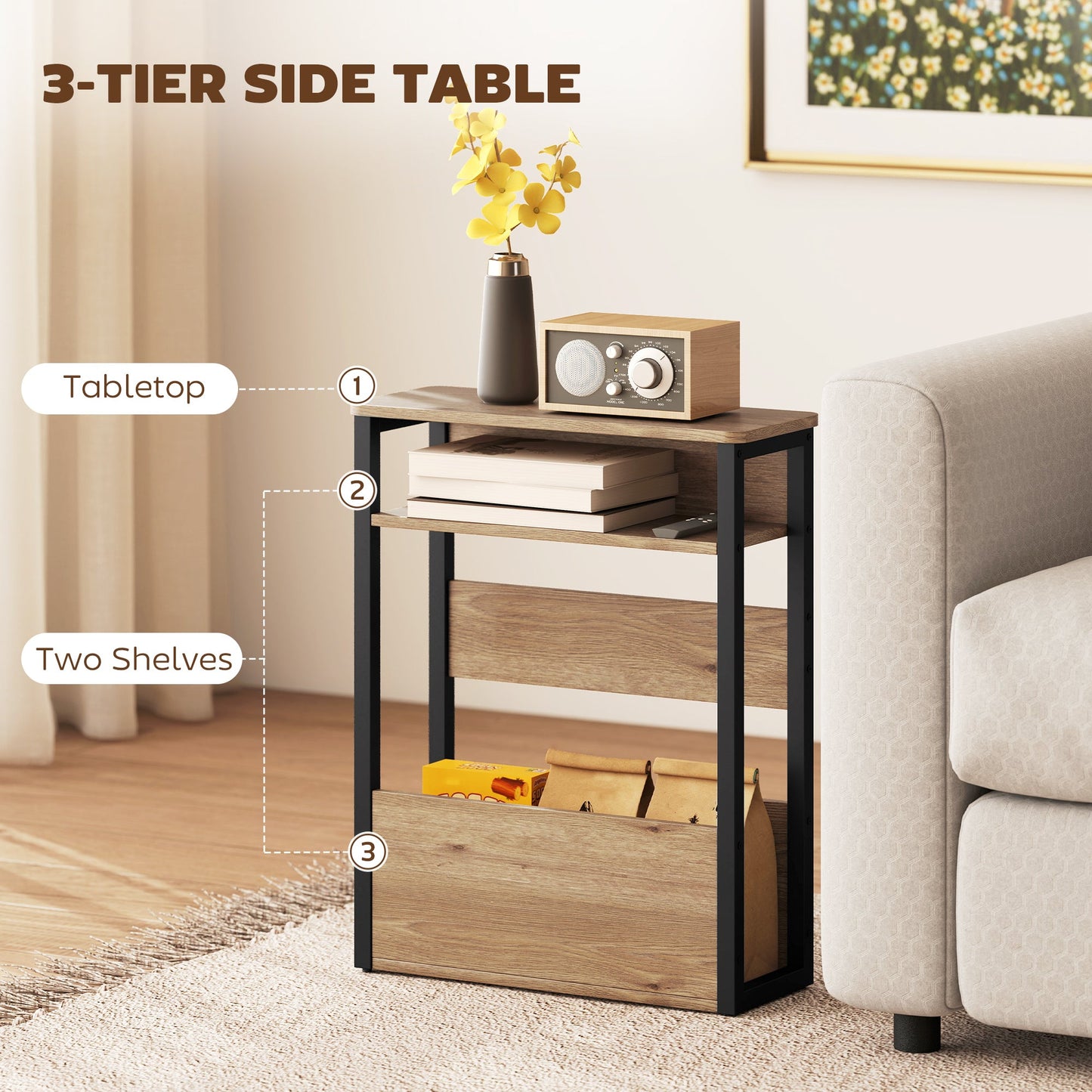 HOMCOM Industrial-Style Side Table - Black/Walnut Brown