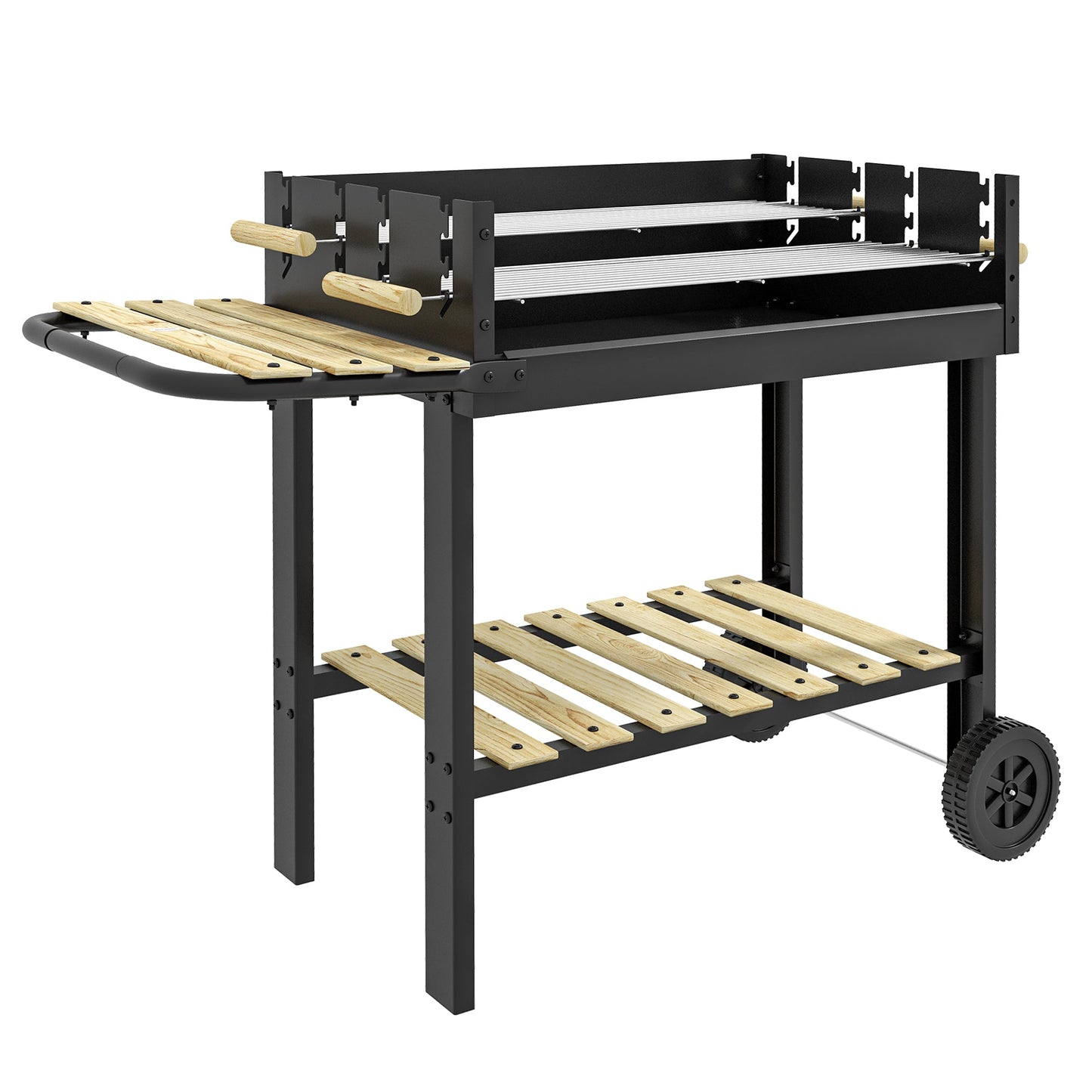 Outsunny CharcoalÂ BBQÂ Grill, BarbecueÂ Trolley with Double Adjustable Grill, Side Table, Storage Shelf and Wheels for Outdoor Garden Party Cooking, Black