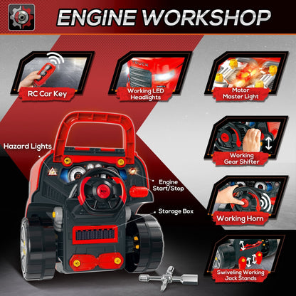 HOMCOM Kids Truck Engine Toy Set, Toddler Educational Car Service Station Playset, Take Apart Workshop, w/ RC Car Key, Steering wheel, Horn, Light, for 3-5 Years Old Red