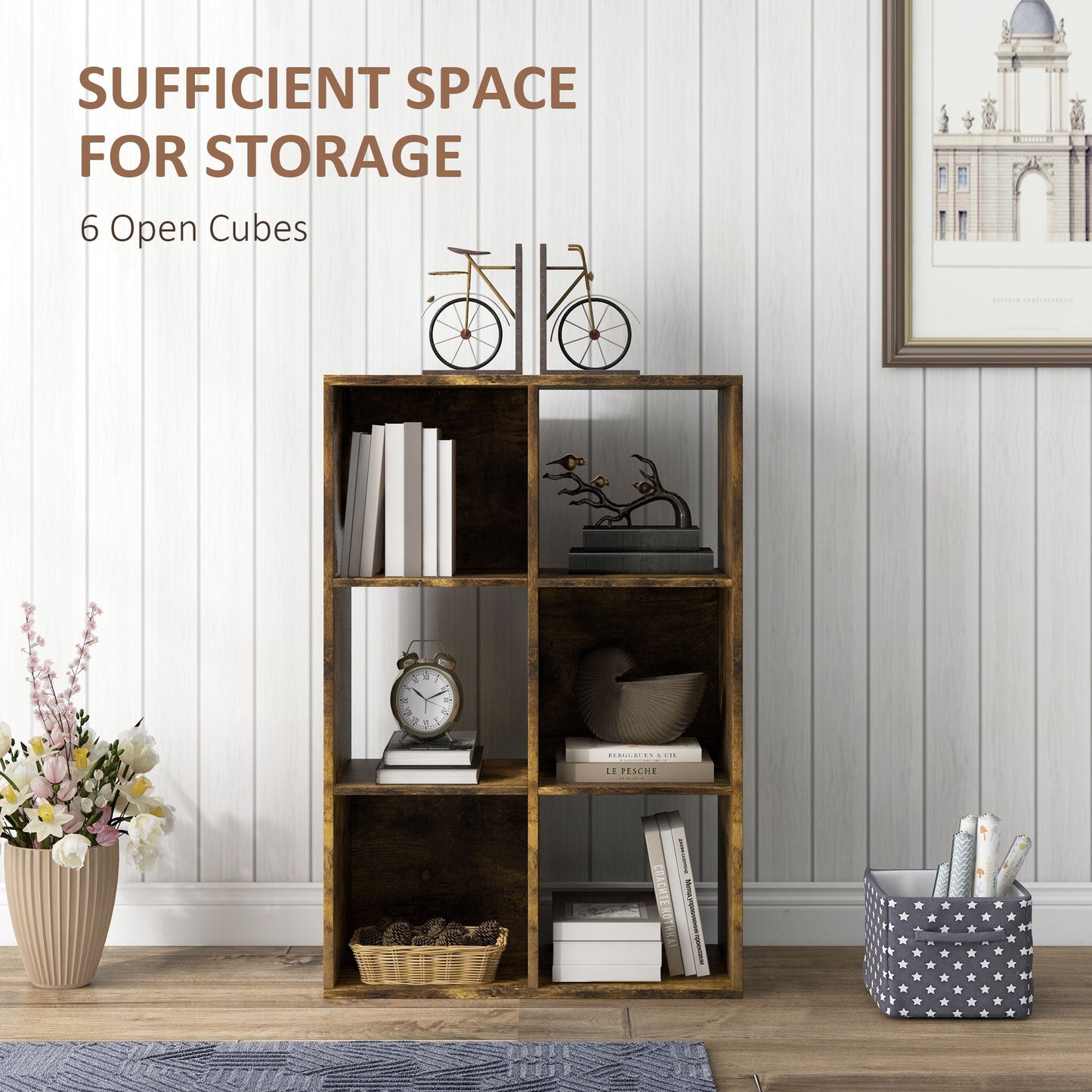HOMCOM 6-Cube Bookshelf - Rustic Brown