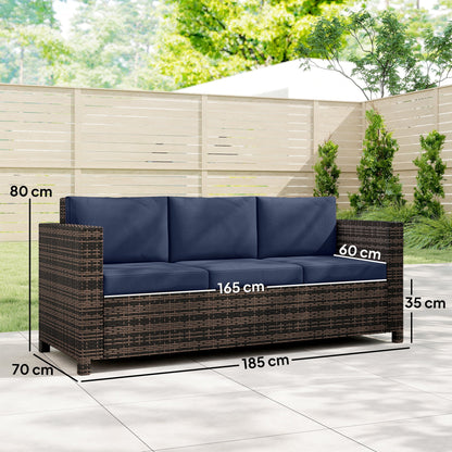 Outsunny 3 Seater Rattan Sofa All-Weather Wicker Weave Metal Frame Chair with Fire Resistant Cushio-Dark Blue