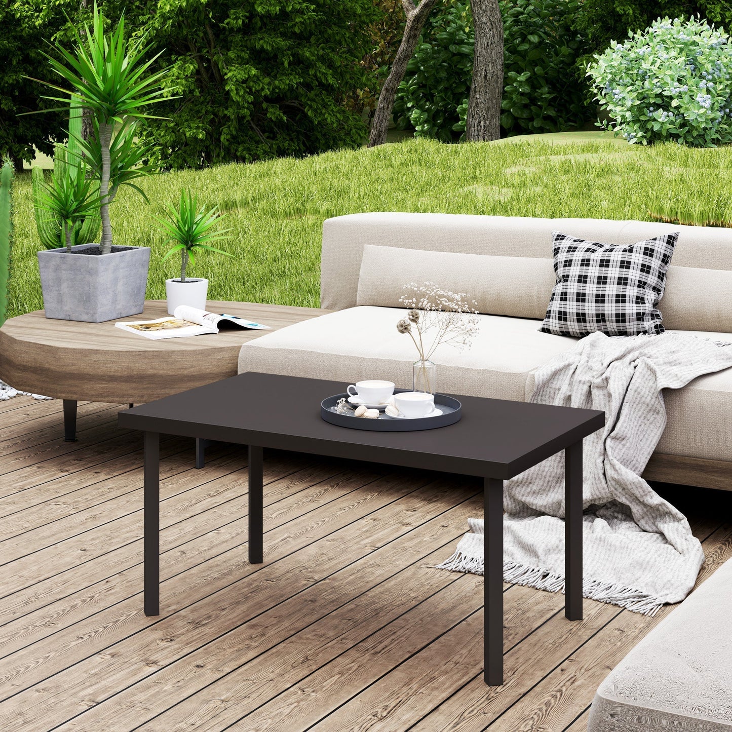 Outsunny Metal Garden Coffee Table, Rectangular Outdoor Side Table with Woodgrain Tabletop, Foot Pads for Outside, Garden, Balcony, Porch, 95 x 55 x 46cm, Brown