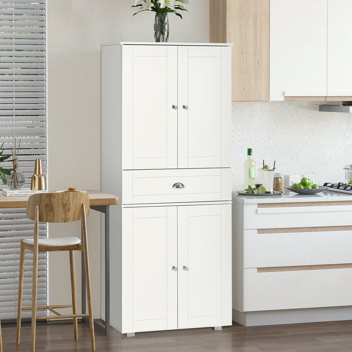 HOMCOM 184cm Tall Kitchen Cupboard, Freestanding Kitchen Pantry Storage Cabinet with 4 Doors, 3 Adjustable Shelves, Drawer, Anti-tipping Device, Sideboard Organiser for Dining Room, Living Room, White