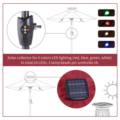 Outsunny â2.7m Garden 24 LED Light Parasol Solar Outdoor Tilt Sun Umbrella Patio Club Party Event Manual Sun Shade w/ Hand Crank and 8 Ribs, Red