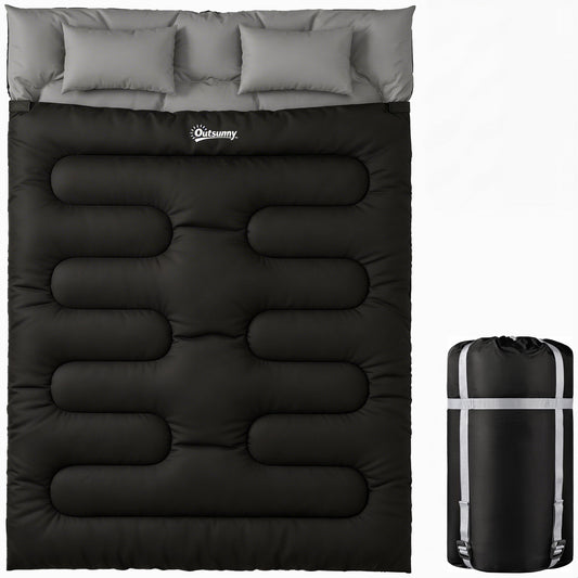 Outsunny Double Sleeping Bag with 2 Pillows, 220 x 160 cm Extra-Large Sleeping Bag for Adults, Black