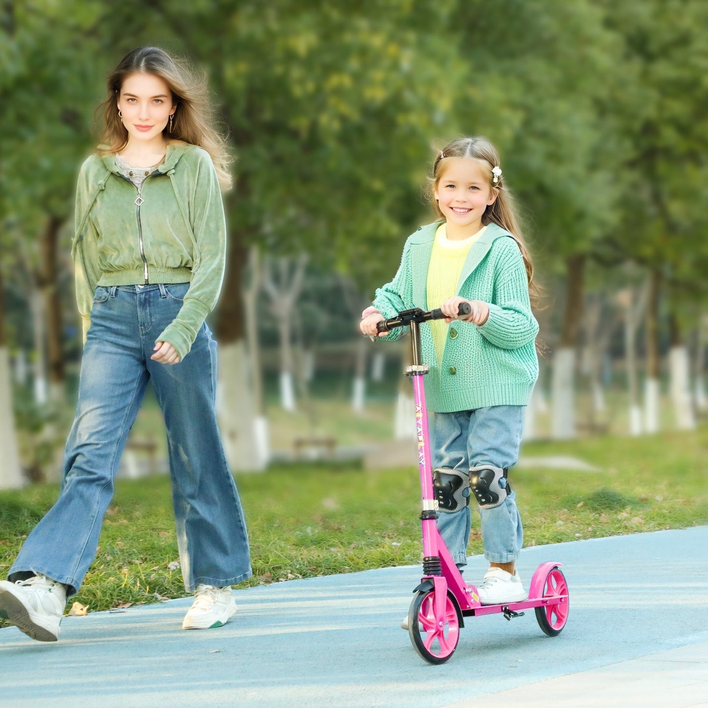 AIYAPLAY Foldable Kids Scooter with Adjustable Handlebar, 200mm Big Wheel, Rear Fender Brake, for Ages 6-12 Years, Pink