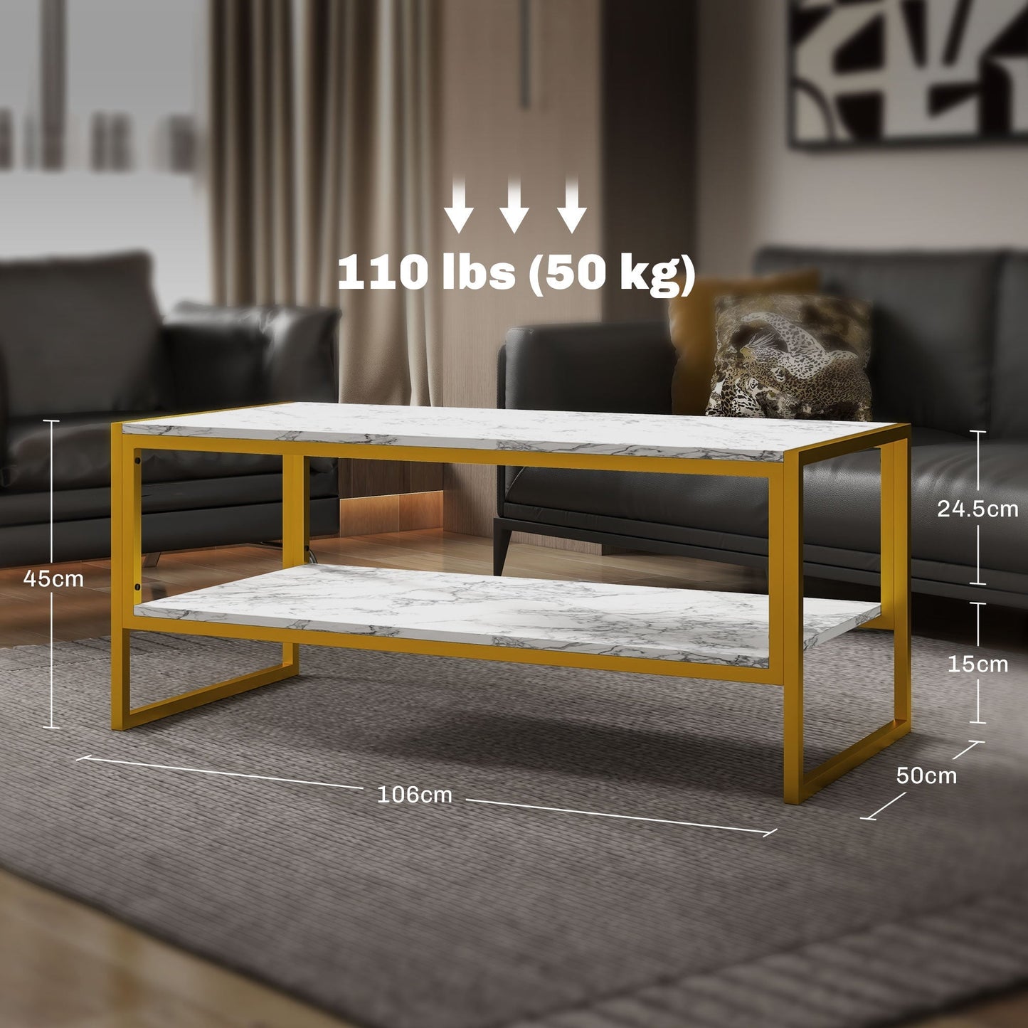 HOMCOM Coffee Table, Two-Tier Faux Marble Effect Centre Table with Metal Frame and Storage Shelf for Living Room, 106 x 50 x 45cm, White