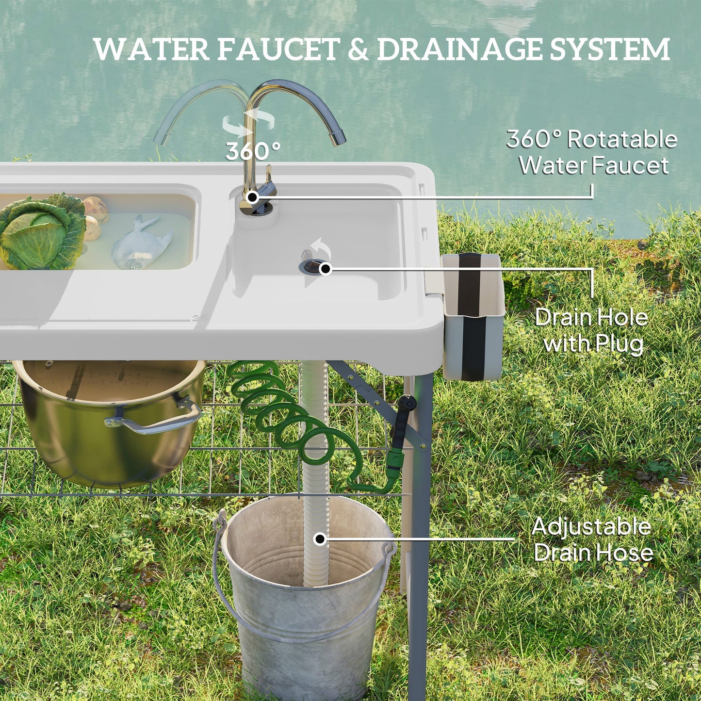 Outsunny Folding Fish Cleaning Table with Sinks, Portable Camping Sink Table with Faucet, Drainage Hose