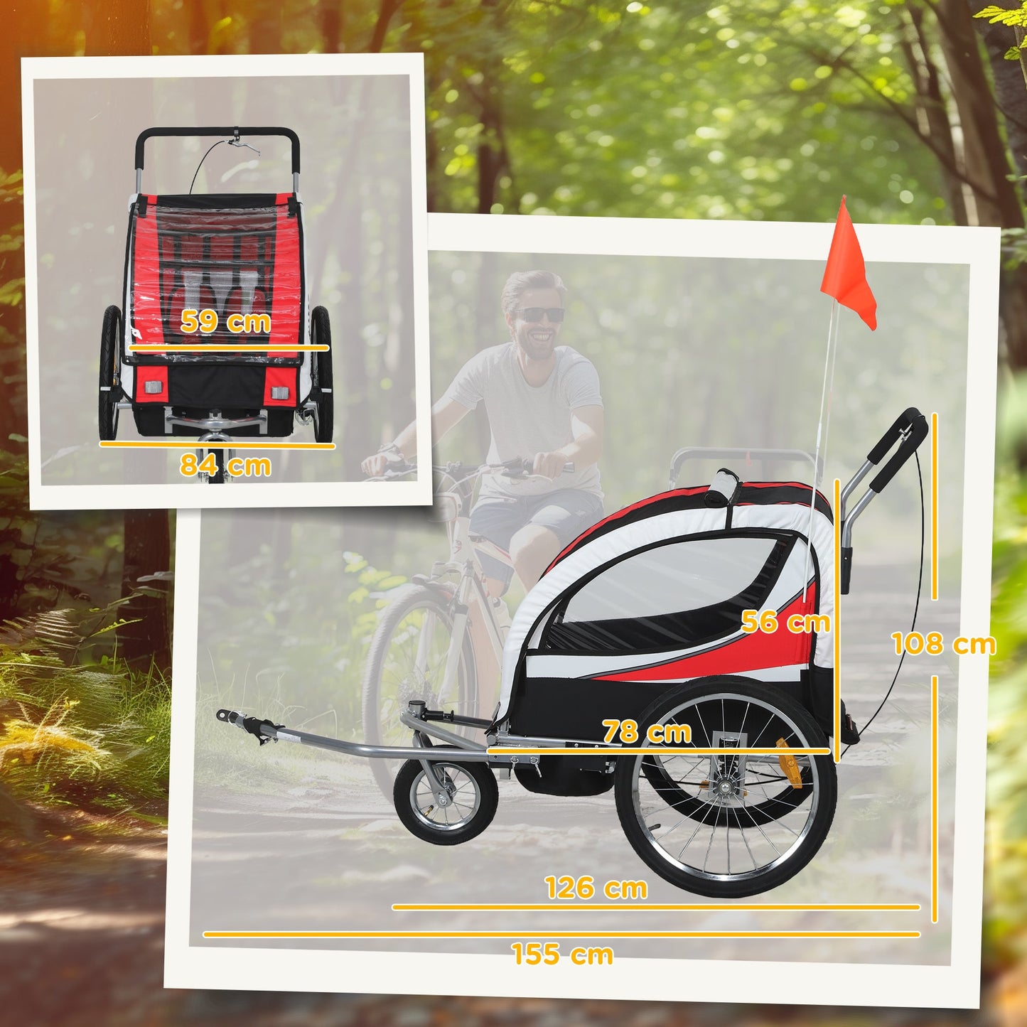 HOMCOM Baby Bike Trailer, Child Bicycle Trailer with 5 Point Harness, Steel Frame, Reflectors, Safety Flag, Hitch Coupler, Red