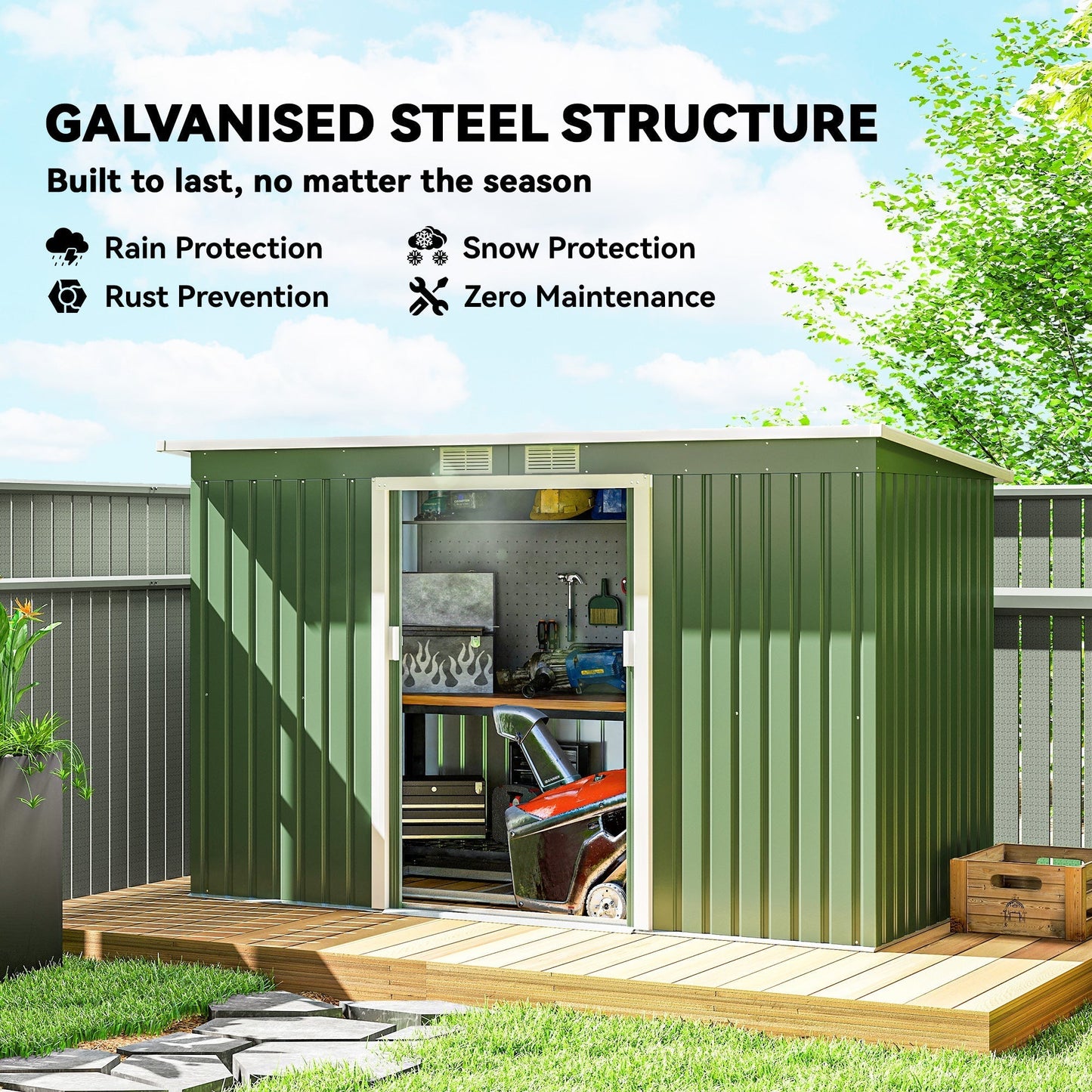 Outsunny 9ft x 4ft Metal Garden Shed, Outdoor Tool House with Foundation Kit, Ventilations and Double Doors, Light Green