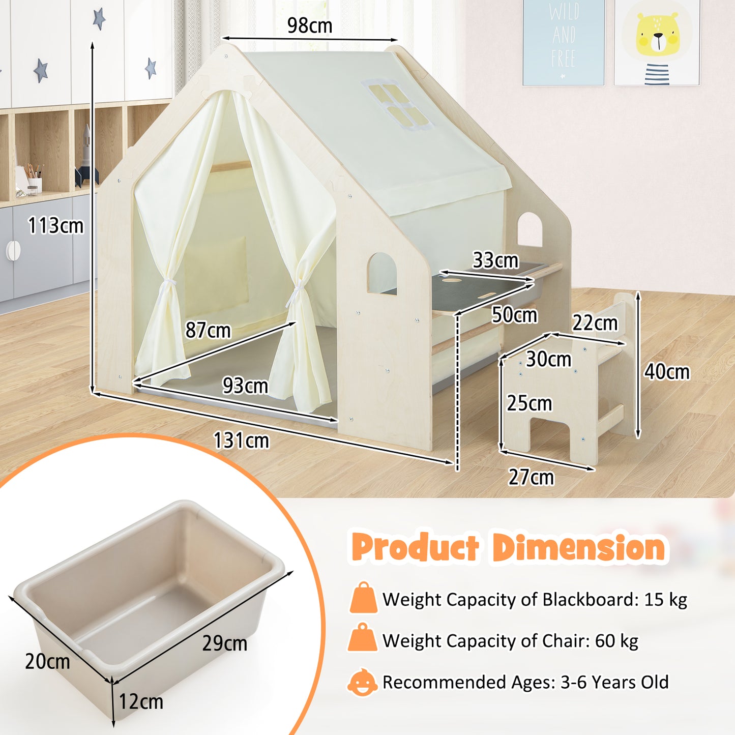 Indoor Playhouse with Storage Bin and Floor Mat for Toddlers-Natural
