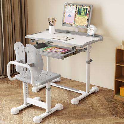 Height-Adjustable Kid's Study Desk and Chair Set with Tilt Desktop and Footrest Bar-Grey