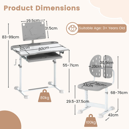 Height-Adjustable Kid's Study Desk and Chair Set with Tilt Desktop and Footrest Bar-Grey