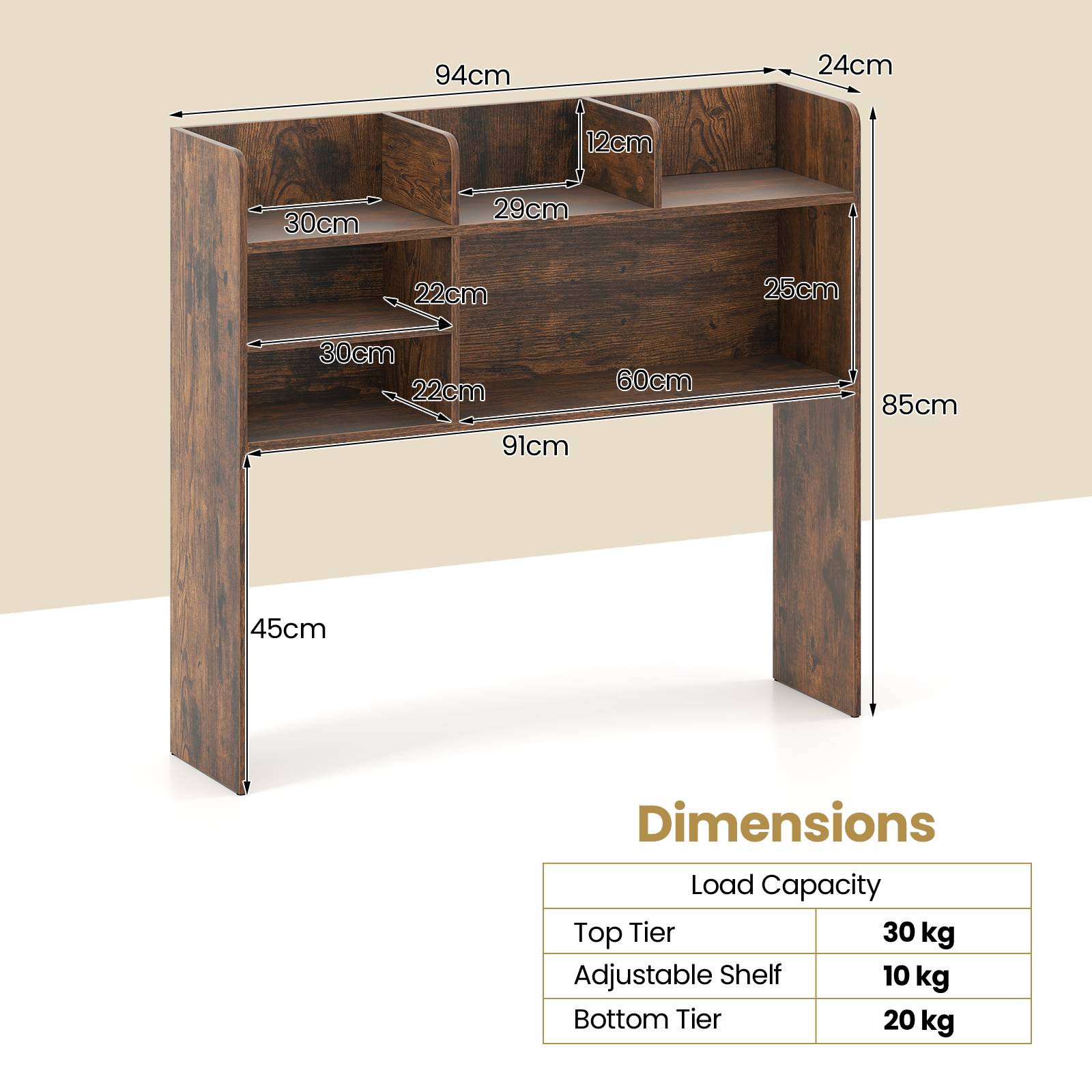 Desktop Bookshelf 3-Tier Display Rack Bookcase Storage Rack-Rustic Brown