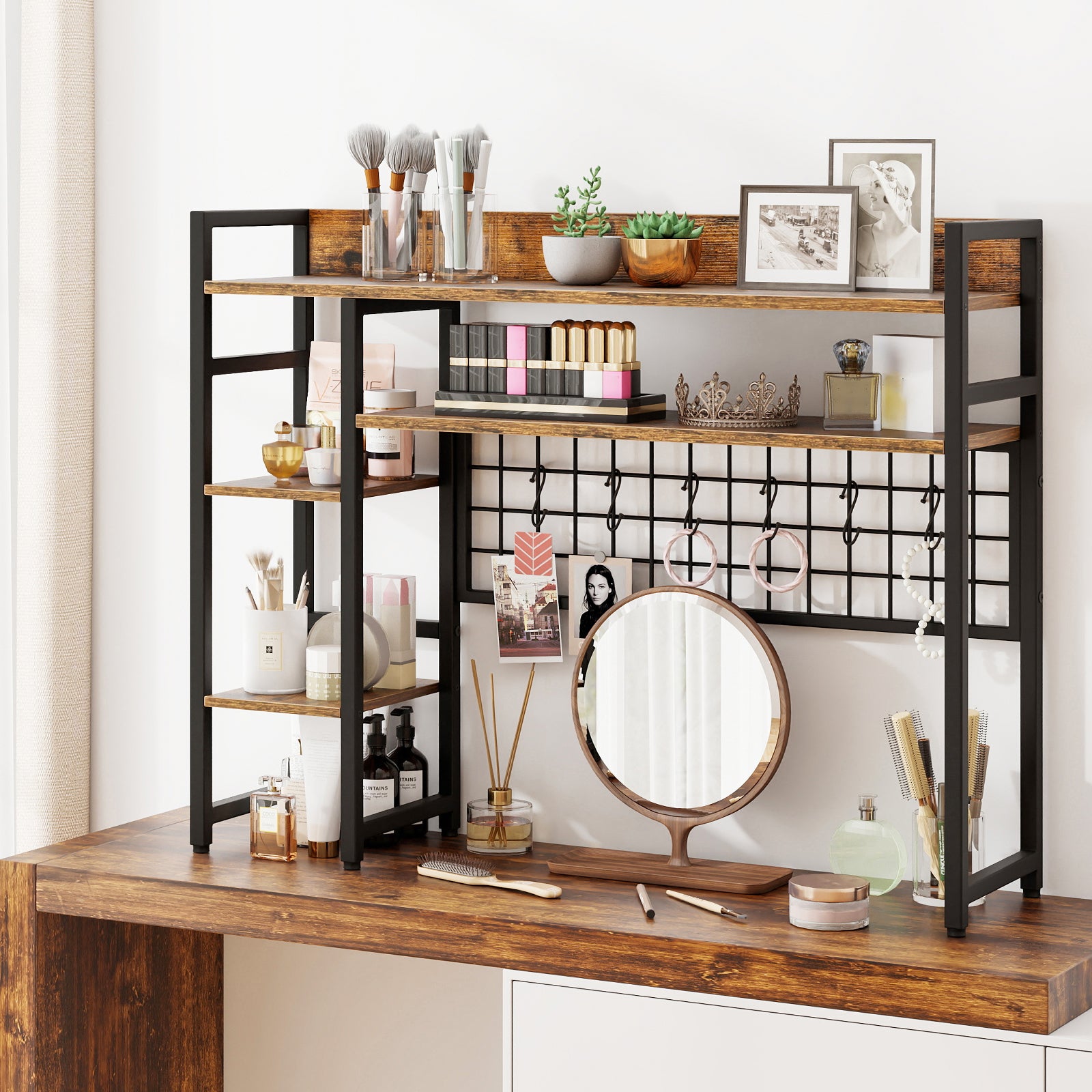 Desktop Bookshelf with 4 Open Storage Shelves for Computer Monitor Up to 32 Inch-Rustic Brown