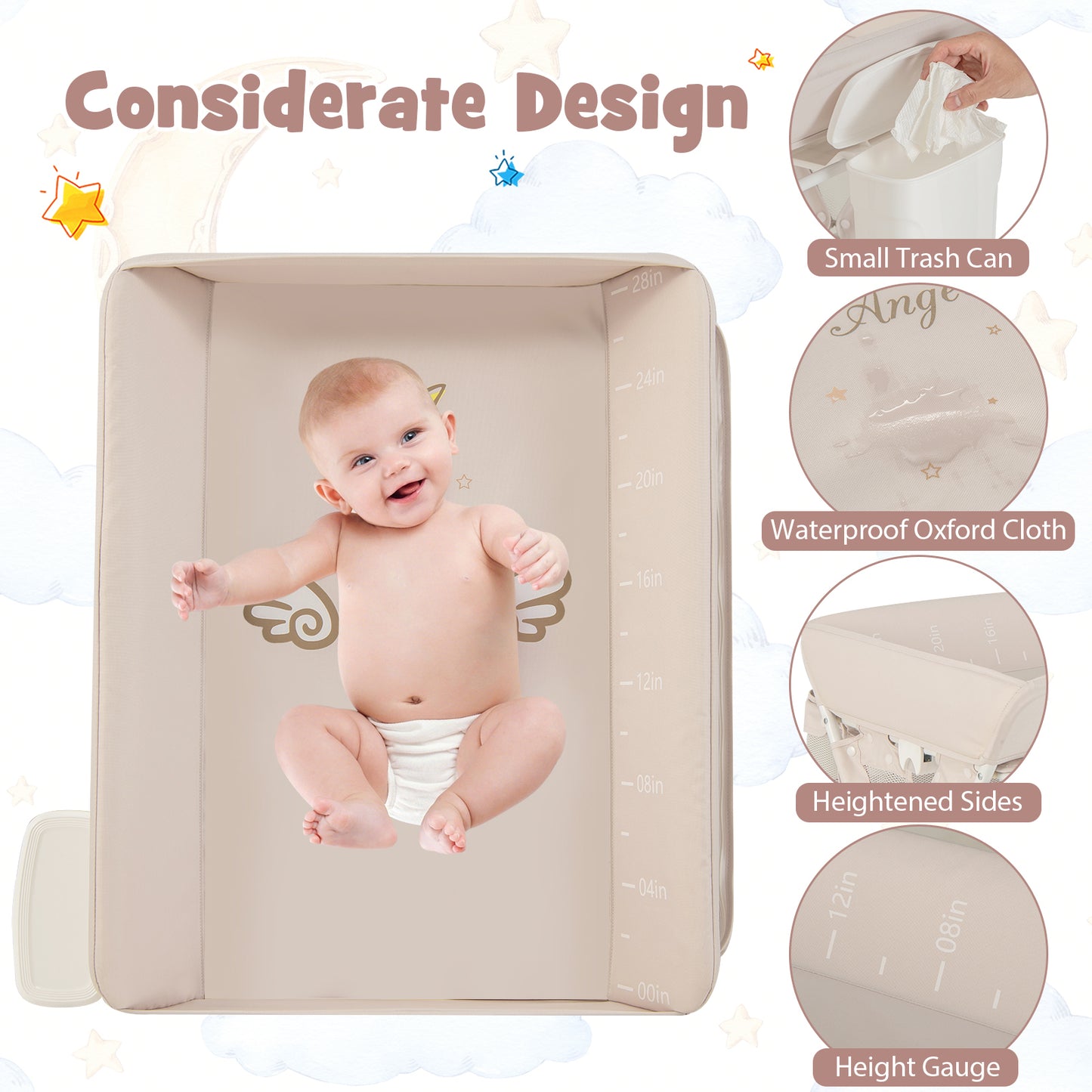 Diaper Changing Station with 3 Position Adjustable Level and 4 Universal Wheels-Natural
