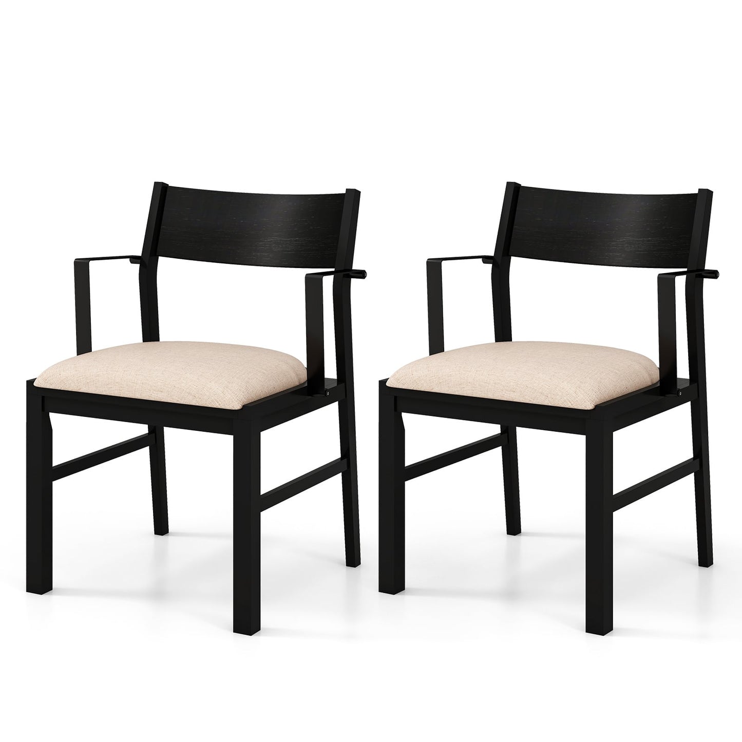 Dining Chair with Arms Set of 2 with Contoured Backrest and Padded Seat and Rubber Wood Legs- Black & Cream