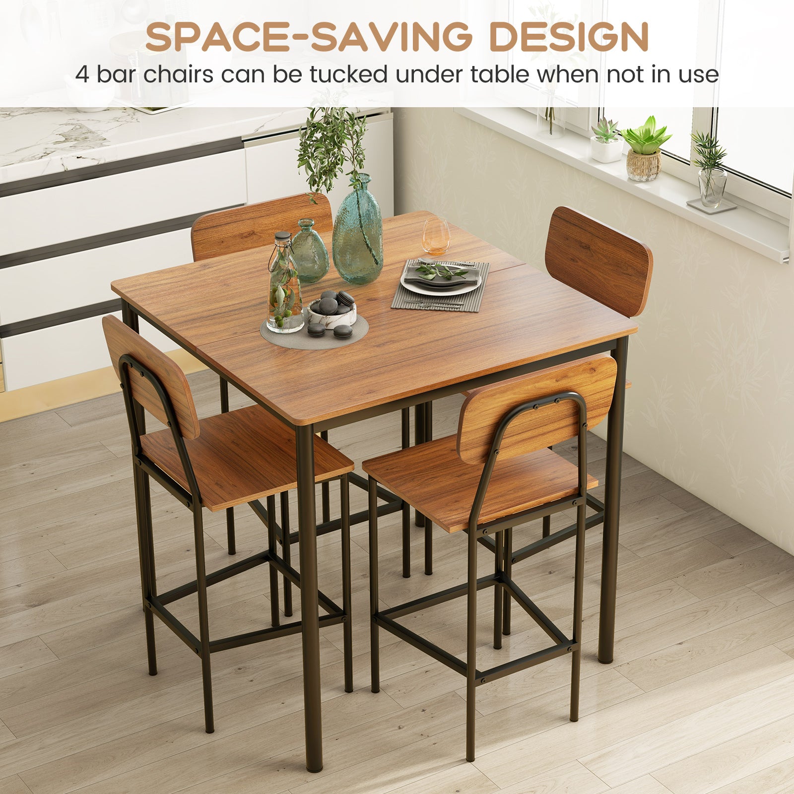 5-Piece Dining Bar Table Set for 4 Counter-Height Dining Table and 4 Bar Chairs-Brown